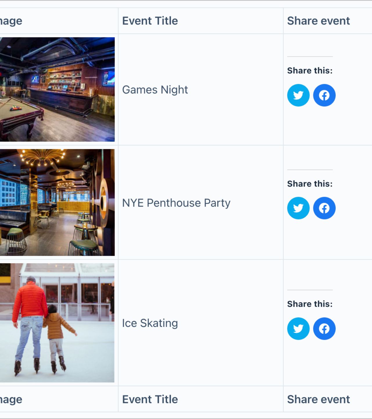 An event directory. Each event has a button to share via Twitter & Facebook