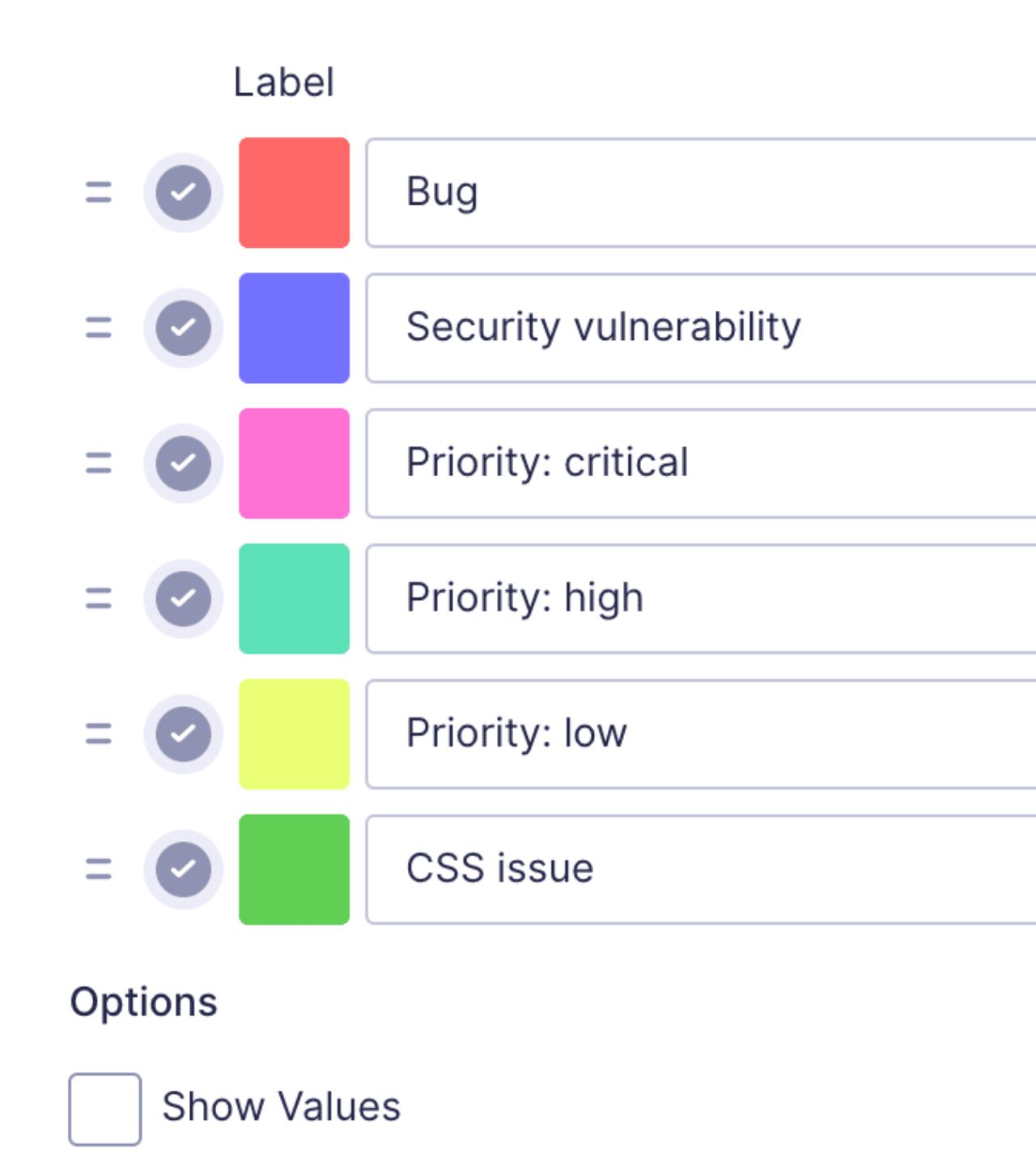 Tag choices with associated colors