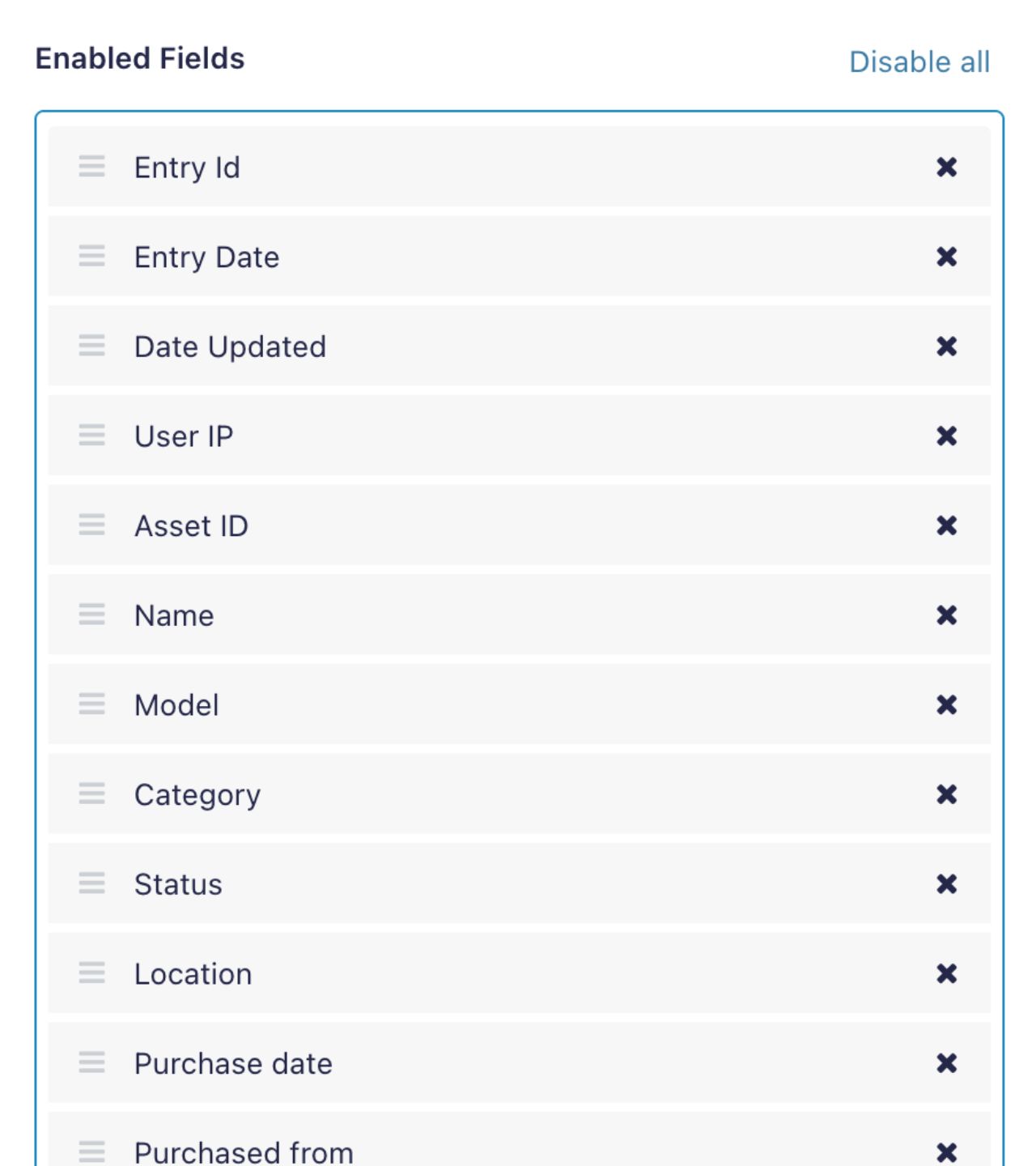 A list of 'enabled fields'